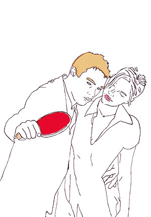 Ulrike Andersen, Rot ist die Farbe des Returns in Match Point, 2006, Inkpen auf geschnittener Klappkarte, mit farbigen Papieren hinterlegt, 29,2 x 20,2 cm; © VG Bild-Kunst Bonn
