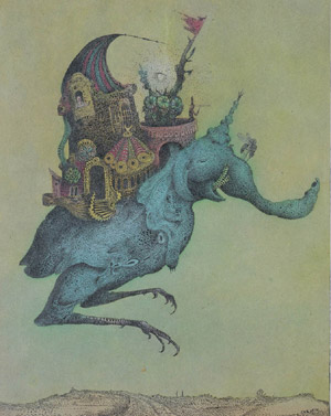 Casper Walter Rauh, Märchenhaftes, 1948, Federzeichnung, aquarelliert, 27,8 x 21,8 cm; © Künstlernachlass