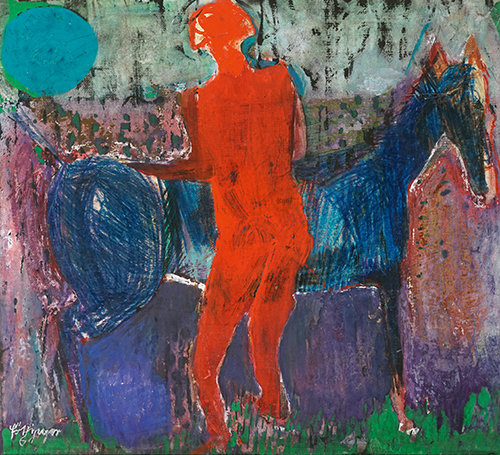 Fritz Föttinger, Roter Mann sattelt blaues Pferd, 1961, Mischtechnik, 56 x 62 cm , ausgestellt 1961