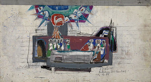 Anton Greiner, Entwurf Abendmahl Strullendorf, 1967, Acryl auf Holz, Blei, 41 x 74,5 cm, ausgestellt 1968