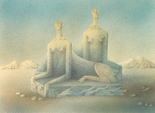 Barbara Gröne-Trux, Doppelsphinx, 1971, Bleistift, Tempera, 36,8 x 51,5 cm, ausgestellt 1972