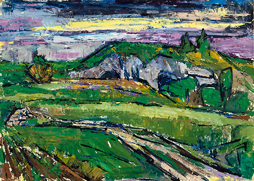Max Pöppel, Fränkische Landschaft, 1957, Tempera, 44,3 x 62,4 cm, ausgestellt 1957