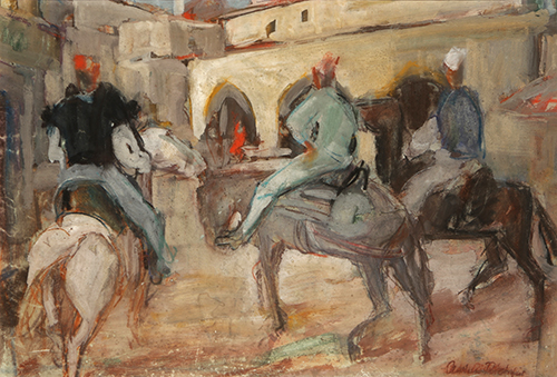 Anton Richter, Drei albanische Reiter, 1957, Pastelltempera auf Papier, 49 x 72,5 cm, ausgestellt 1957 und 1958