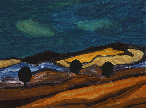 Ferdinand Röntgen, Felder vor dunklem Himmel, 1960, Tempera, 41,5 x 56 cm