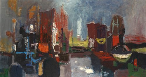 Anton Russ, Hafen, 1966, Öl auf Leinwand, 50 x 90 cm