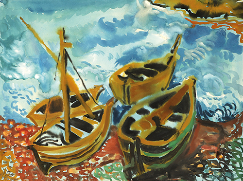 Anton Russ, Vier Boote, 1955, Aquarell, 29 x 39 cm, ausgestellt 1956