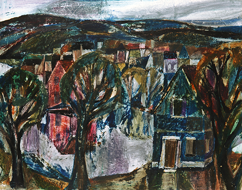Gertrud Turban, Rotes Haus hinter Bäumen, 1970, Wachskreide, 47,5 x 60,5 cm, ausgestellt 1970