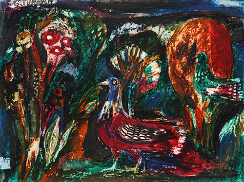 Gertrud Turban, Vögel, 1959, Wachskreide, 33,8 x 44,5 cm, ausgestellt 1959