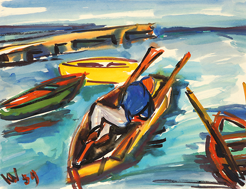 Gerda Voith von Voithenberg, Schlafender im Boot, 1959, Aquarell, 36,5 x 49 cm, ausgestellt 1959